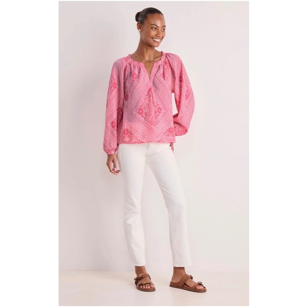Vineyard Vines Pink Tile Print Cotton Blend Split Neck Blouse Top Medium